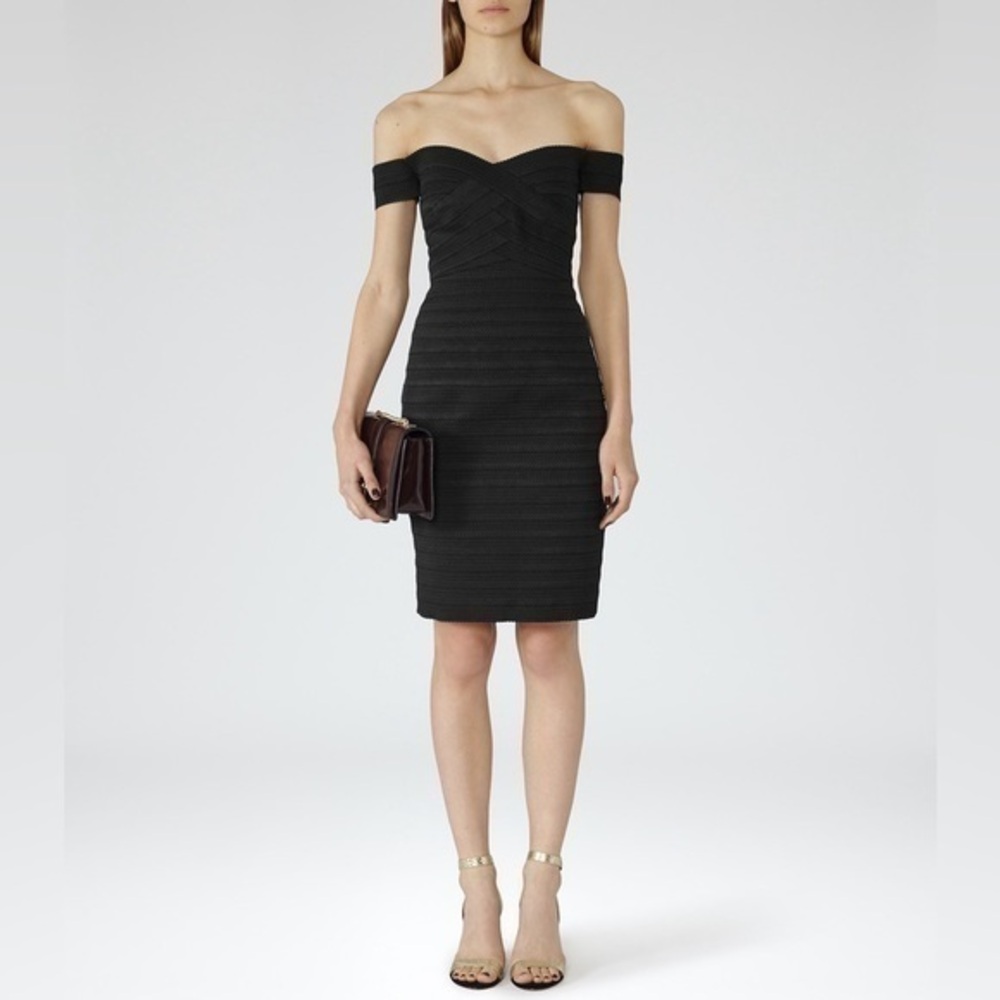 Reiss Forley black off-the-shoulder bandage bodycon dress size 6